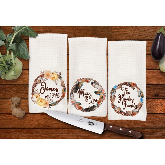 Bohemian Feather Wreath Personalized Kitchen Towel set,  set of 3 - Picture 1 of 1